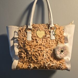 Betsey Johnson Floral Rosette Cream And Pink Satchel With Bag Charm